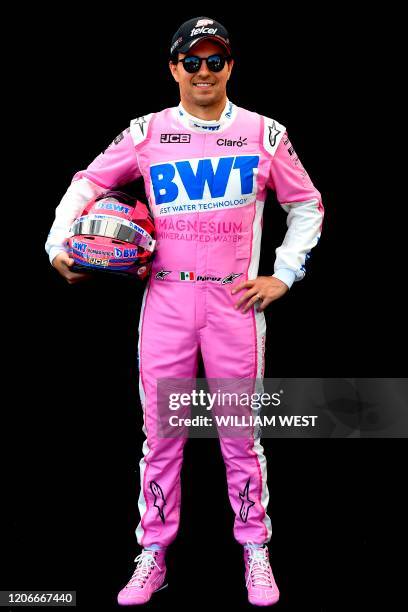 Racing Point's Mexican driver Sergio Perez poses for a photo in Melbourne on March 12 ahead of the Formula One Australian Grand Prix. / -- IMAGE...