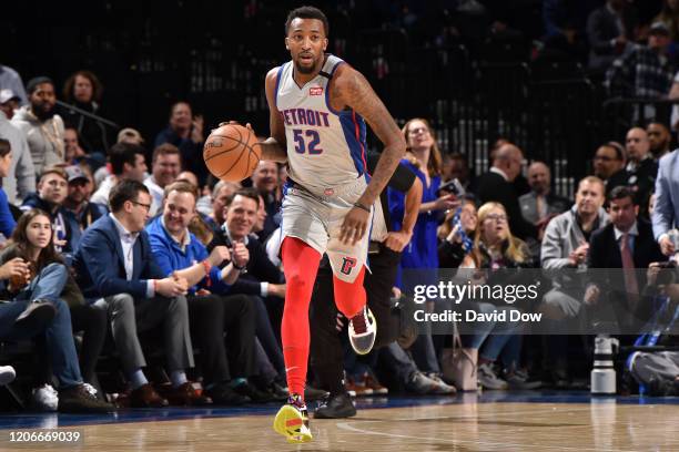 Jordan McRae of the Detroit Pistons handles the ball against the Philadelphia 76ers on March 11, 2020 at the Wells Fargo Center in Philadelphia,...