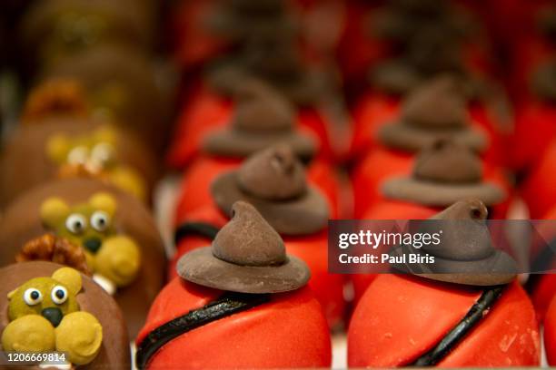 ranger shaped chocolate dipped apples at a street stall in victoria, british columbia, canada - cake sale stock-fotos und bilder