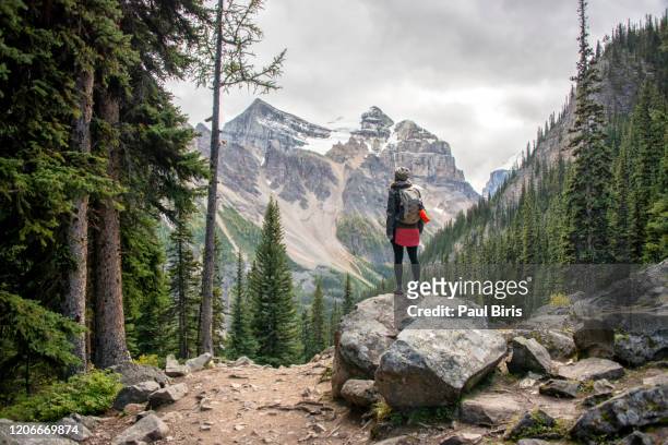 woman hiker on plain of six glaciers trail, banff national park, canada - lake louise ストックフォトと画像