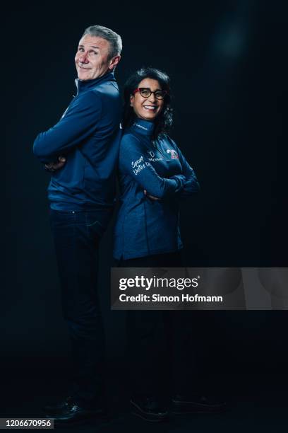 Laureus Academy Members Sergey Bubka and Nawal El Moutawakel pose at the Mercedes Benz Building prior to the 2020 Laureus World Sports Awards on...