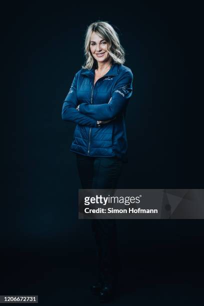 Laureus Academy member Nadia Comaneci poses at the Mercedes Benz Building prior to the 2020 Laureus World Sports Awards on February 16, 2020 in...