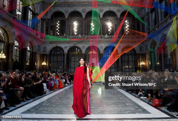 Model walks the runway at the Roksanda show during London Fashion Week February 2020 on February 16, 2020 in London, England.