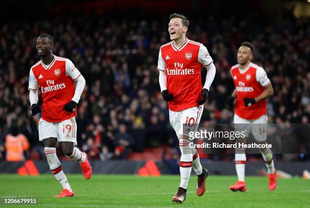 Mesut Ozil of Arsenal celebrates after scoring his sides third goal during the Premier League match between Arsenal FC and Newcastle United at...