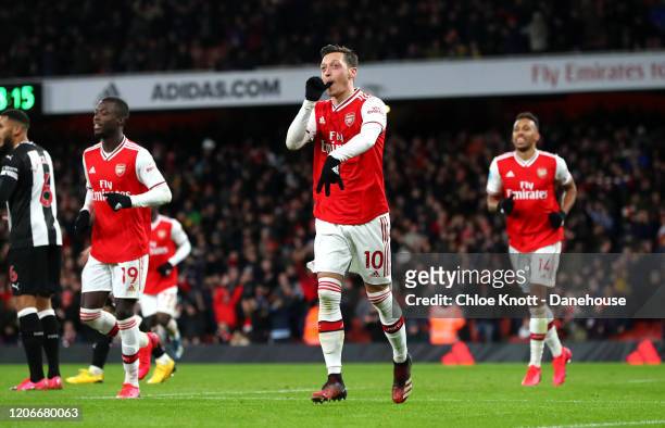 Mesut Ozil of Arsenal celebrates scoring his teams third goal during the Premier League match between Arsenal FC and Newcastle United at Emirates...