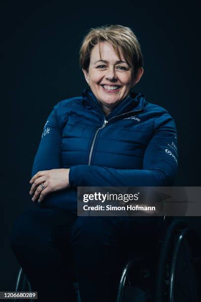 Laureus Academy Member Tanni Grey-Thompson poses at the Mercedes Benz Building prior to the 2020 Laureus World Sports Awards on February 16, 2020 in...