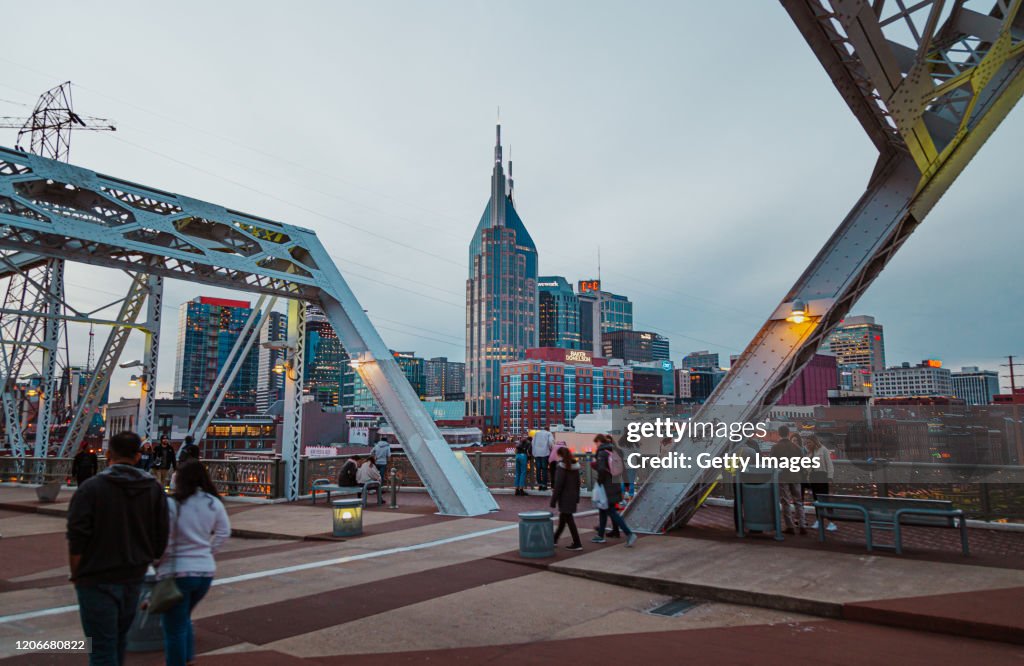 Nashville Scene with the John Seigenthaler Pedestrian Bridge. Outdoor shots of city scenes in Nashville, Tennessee during winter.