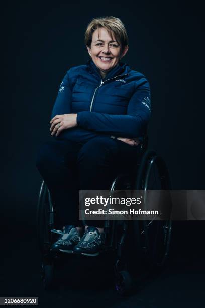 Laureus Academy Member Tanni Grey-Thompson poses at the Mercedes Benz Building prior to the 2020 Laureus World Sports Awards on February 16, 2020 in...