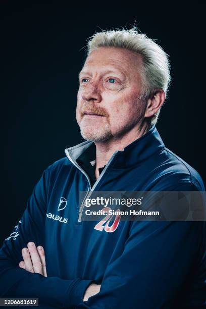 Laureus Academy Member Boris Becker poses at the Mercedes Benz Building prior to the 2020 Laureus World Sports Awards on February 16, 2020 in Berlin,...