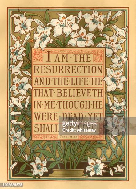 ilustrações de stock, clip art, desenhos animados e ícones de 'i am the resurrection and the life'  - victorian bible text with lily border - victorian style