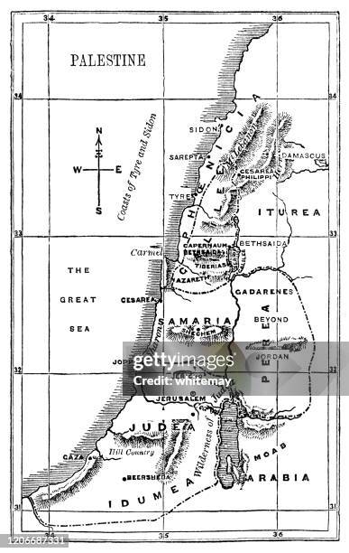 stockillustraties, clipart, cartoons en iconen met kaart van historisch palestina - victoriaanse gravure - galilea