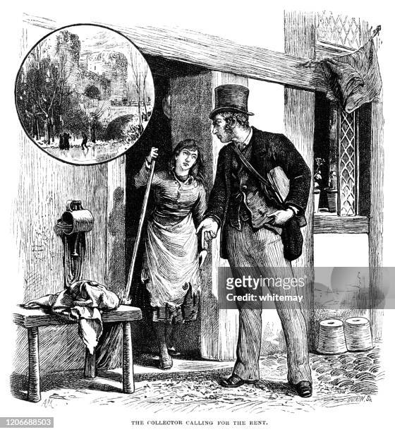 rent collector demanding money from a poor victorian woman - bailiff stock illustrations