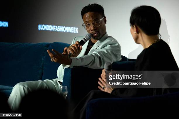 Billy Porter speaks with Sandra Choi and in conversation at the British Fashion hub during London Fashion Week February 2020 on February 16, 2020 in...