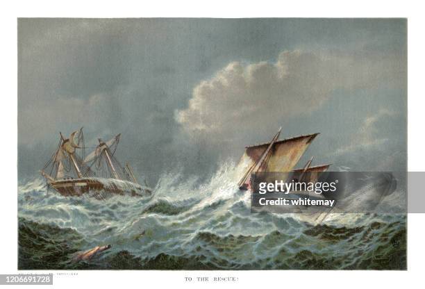 victorian lifeboat going to the rescue of a stricken sailing ship in rough seas - shipwreck stock illustrations