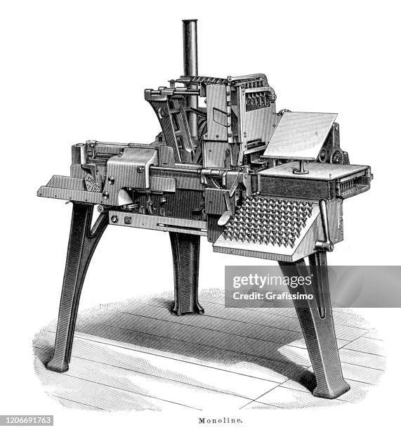 typograph monoline typewriter printing machine 1895 - old printing press drawing stock illustrations