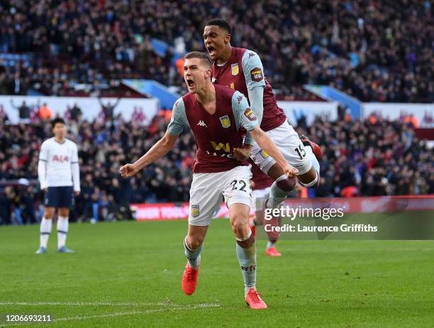 Bjorn Engels of Aston Villa celebrates after scoring his sides second goal with Ezri Konsa of Aston Villa during the Premier League match between...