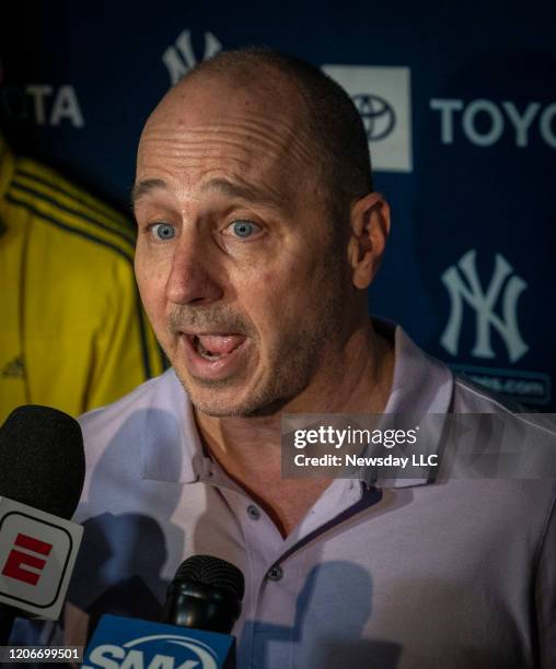 New York Yankees General Manager Brian Cashman talking with the media during spring training in Tampa, Florida on February 14, 2020.
