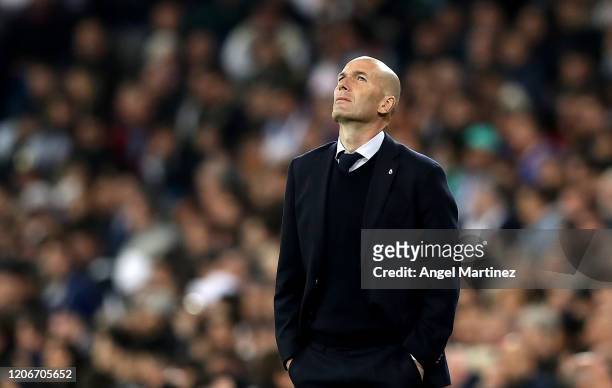 Real Madrid Head Coach, Zinedine Zidane looks on during the La Liga match between Real Madrid CF and RC Celta de Vigo at Estadio Santiago Bernabeu on...