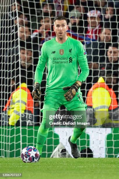 Goalkeeper Adrian of Liverpool FC controls the ball during the UEFA Champions League round of 16 second leg match between Liverpool FC and Atletico...