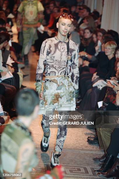 Model presents creations of French designer Jean-Paul Gaultier, on October 10 during the ready-to-wear Spring/Summer 1994 collection show in Paris.