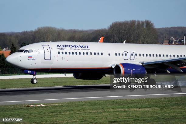 An Aeroflot aircraft lands at Brussels Airport, in Zaventem, outside Brussels, on March 12, 2020.