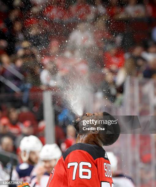 Subban of the New Jersey Devils spits water before the game against the Columbus Blue Jackets at Prudential Center on February 16, 2020 in Newark,...