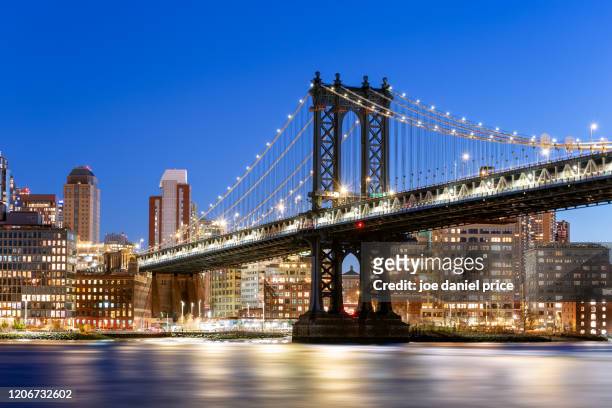 blue hour, manhattan bridge, east river, new york city, new york, america - manhattan bridge stock pictures, royalty-free photos & images