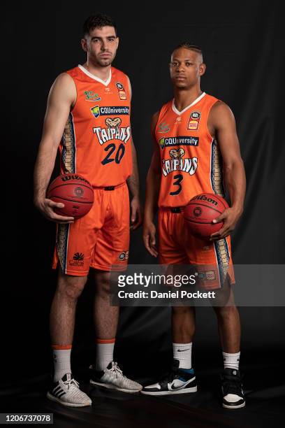 Fabijan Krslovic and Scott Machado of the Taipans pose during the 2020 NBL Finals Launch at Crown Palladium on February 17, 2020 in Melbourne,...