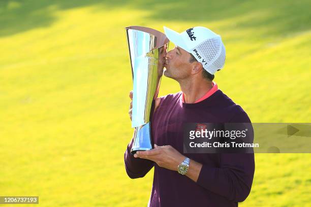 Adam Scott of Australia poses with the trophy after winning the Genesis Invitational on February 16, 2020 in Pacific Palisades, California.