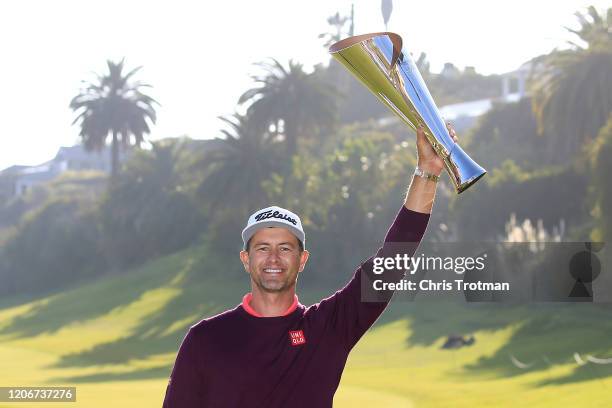 Adam Scott of Australia poses with the trophy after winning the Genesis Invitational on February 16, 2020 in Pacific Palisades, California.