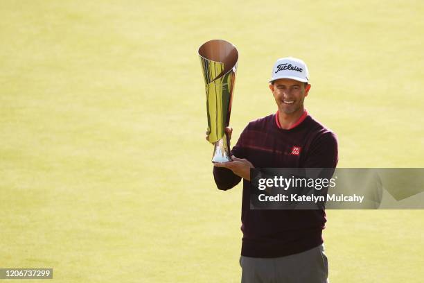 Adam Scott of Australia poses with the trophy after winning the Genesis Invitational on February 16, 2020 in Pacific Palisades, California.