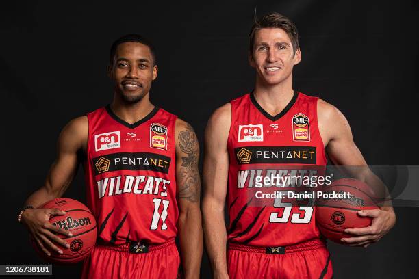 Bryce Cotton and Damian Martin of the Wildcats pose during the 2020 NBL Finals Launch at Crown Palladium on February 17, 2020 in Melbourne, Australia.
