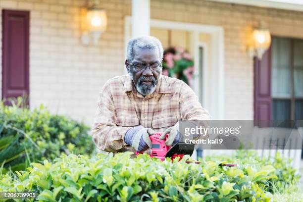 senior man doing yardwork - hedge trimming stock pictures, royalty-free photos & images