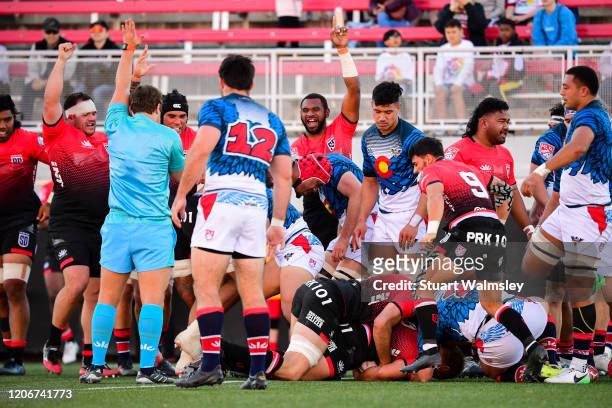 Aaron Mitchell , Psalm Wooching, Jasa Veremalua, Nathaniel Augspurger and David Tameilau of the San Diego Legion celebrate teammate Dean Muir's try...