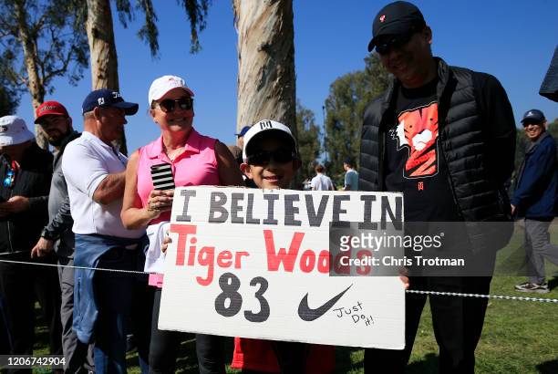 Fan holds a sign for Tiger Woods during the final round of the Genesis Invitational on February 16, 2020 in Pacific Palisades, California.