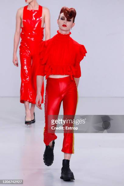 England – February 16: A model walks the runway at the Pam Hogg show during London Fashion Week February 2020 at the Fashion Scout Venue on February...