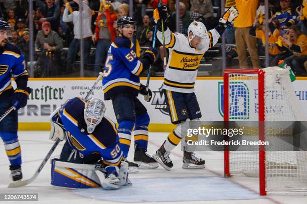 Kyle Turris of the Nashville Predators reacts after scoring the go-ahead goal against Jordan Binnington of the St. Louis Blues inside the final two...