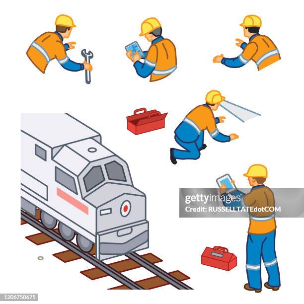 train repair workmen (isometric) - construction worker back stock illustrations