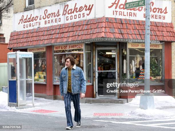 Michael Gandolfini is seen on the movie set of 'The Many Saints of Newark' on March 12, 2020 in New York City.