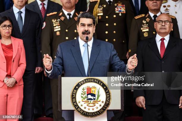 President of Venezuela Nicolas Maduro speaks during a press conference at Miraflores Government Palace on March 12, 2020 in Caracas, Venezuela....