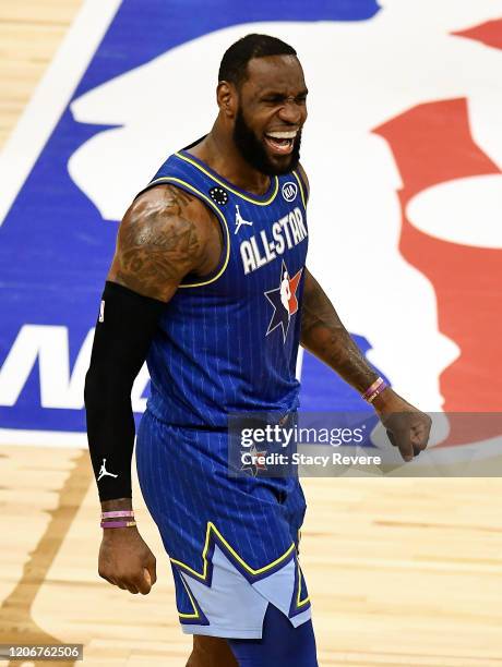 LeBron James of Team LeBron celebrates after beating Team Giannis during the 69th NBA All-Star Game at the United Center on February 16, 2020 in...