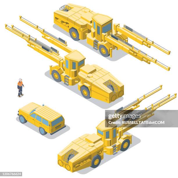 underground driller (isometric) - construction worker back stock illustrations