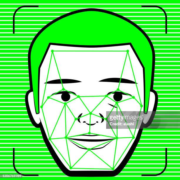 stockillustraties, clipart, cartoons en iconen met concept van gezichtsherkenningstechnologie, deepfake en shallowfake - vervalsing