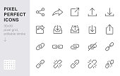 Share button line icon set. Link, broken hyperlink, download, publish, attach chain minimal vector illustrations. Simple outline signs for web application url. 30x30 Pixel Perfect. Editable Strokes