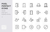 Open door line icon set. Login, logout, register, password, vip entrance, key, lock, exit minimal vector illustrations. Simple outline signs for web application. 30x30 Pixel Perfect. Editable Strokes