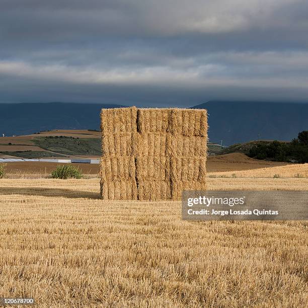 square haystack in sunset - heuhaufen stock-fotos und bilder