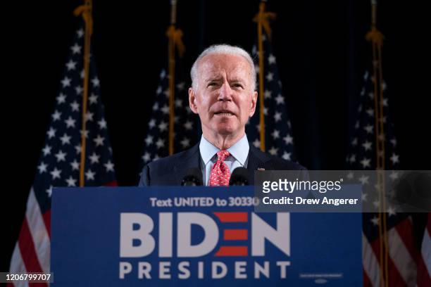 Democratic presidential candidate former Vice President Joe Biden delivers remarks about the coronavirus outbreak, at the Hotel Du Pont March 12,...