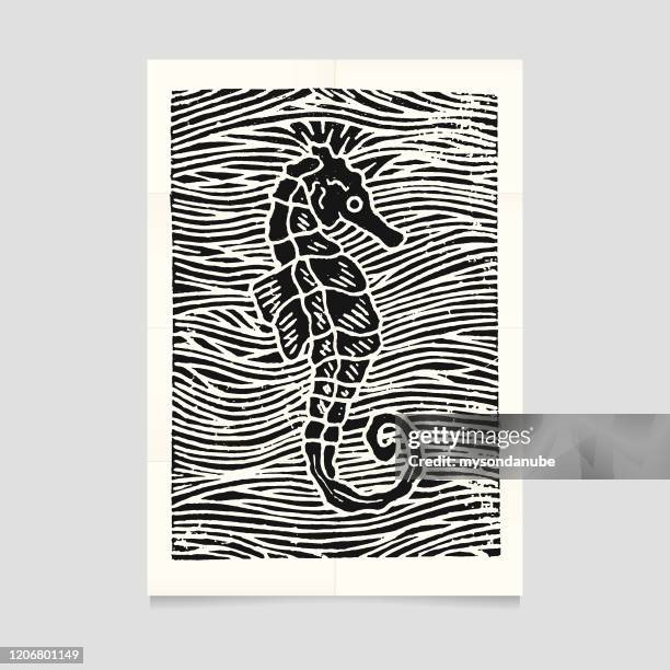 illustrazioni stock, clip art, cartoni animati e icone di tendenza di illustrazione vettoriale di cavallo marino linocut su carta piegata - animal print