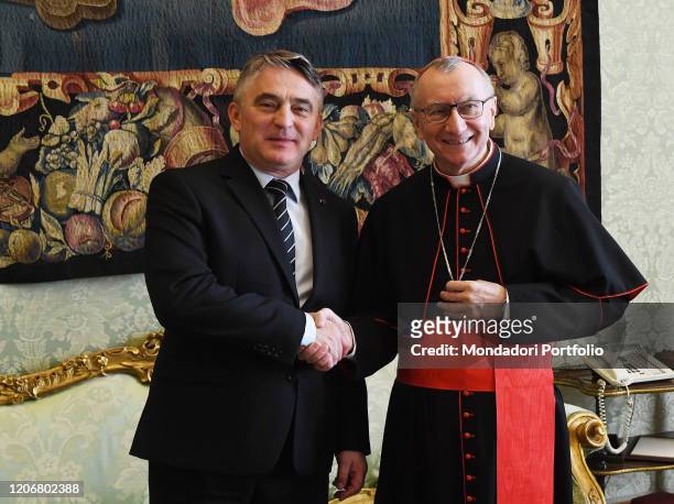 Zeljko Komsic, croat member of the Presidency of Bosnia and Herzegovina, with Cardinal Pietro Parolin during the meeting with Pope Francis at the...