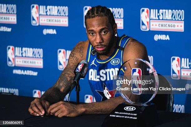 Kawhi Leonard of Team LeBron speaks to the media during the 69th NBA All-Star Game as part of 2020 NBA All-Star Weekend on February 16, 2020 at...